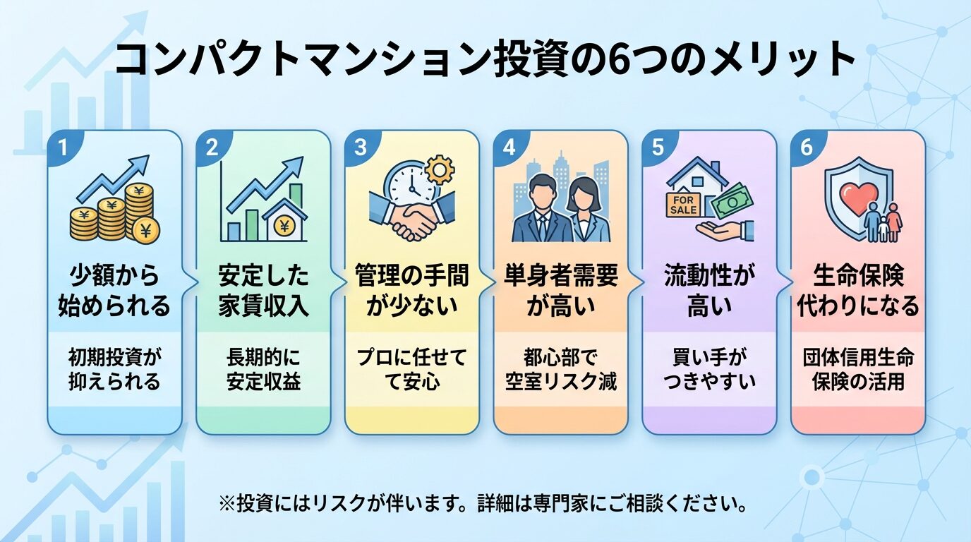 タイトル: コンパクトマンション投資の6つのメリット。横並び6カードで: カード1（コインのアイコン）少額から始められる、カード2（グラフ上昇アイコン）安定した家賃収入、カード3（時計アイコン）管理の手間が少ない、カード4（人物アイコン）単身者需要が高い、カード5（売却アイコン）流動性が高い、カード6（保険アイコン）生命保険代わりになる