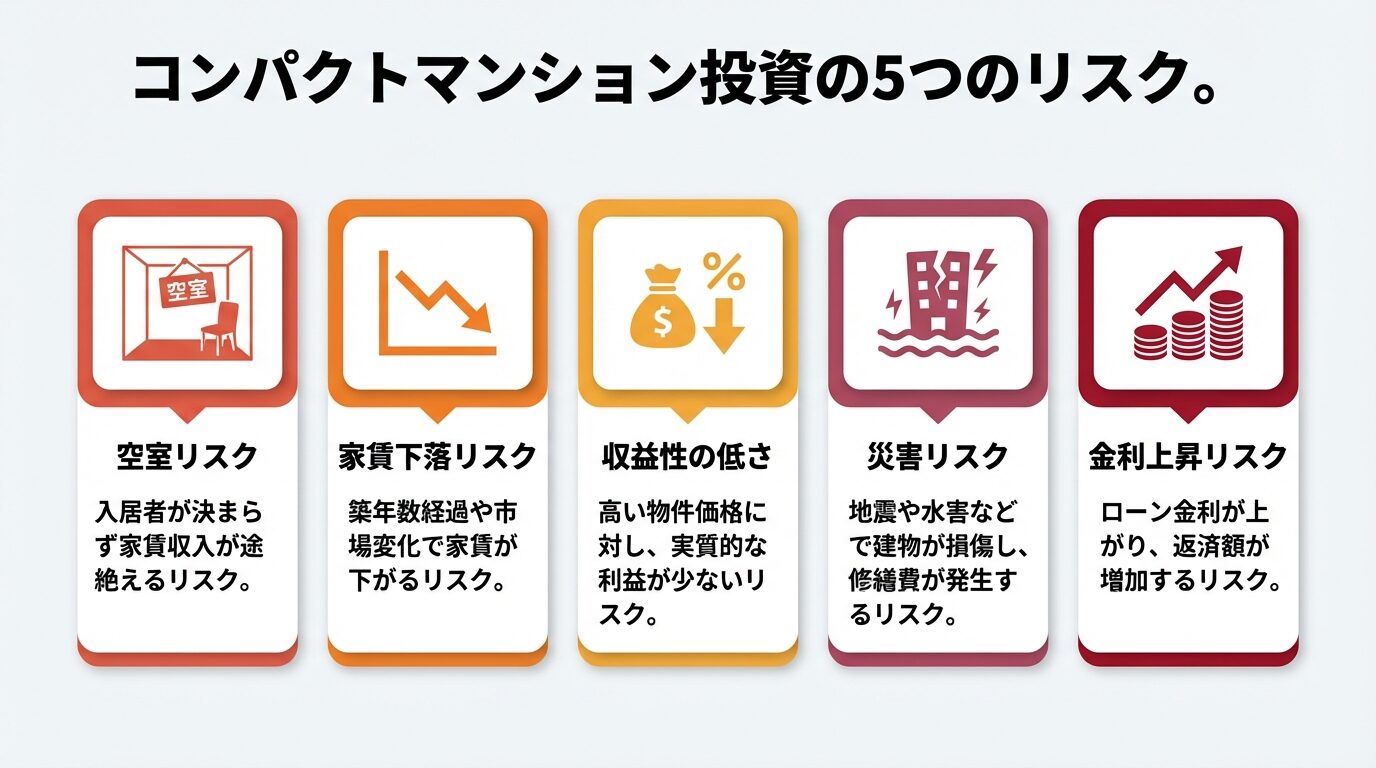 タイトル: コンパクトマンション投資の5つのリスク。縦並び5カードで: カード1（空室アイコン）空室リスク、カード2（下降グラフアイコン）家賃下落リスク、カード3（低利回りアイコン）収益性の低さ、カード4（災害アイコン）災害リスク、カード5（金利アイコン）金利上昇リスク。各カードに簡潔な説明を追加