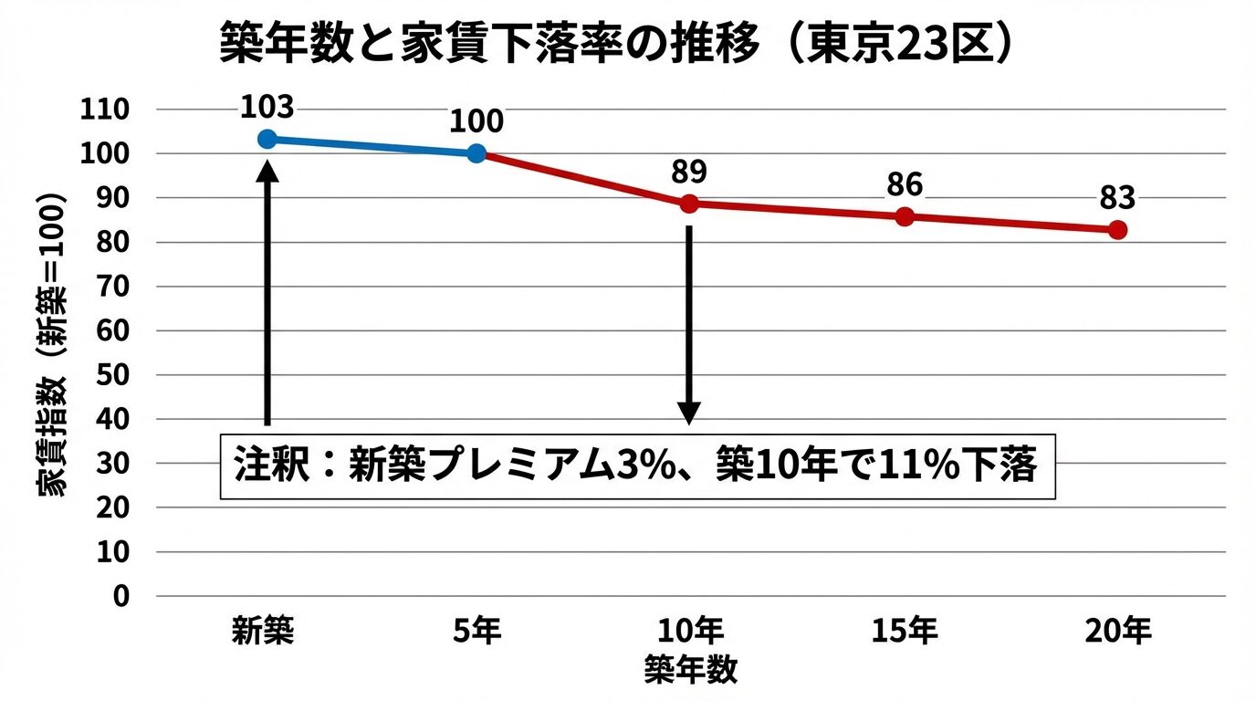 タイトル: 築年数と家賃下落率の推移（東京23区）。横軸: 築年数（新築、5年、10年、15年、20年）、縦軸: 家賃指数（新築=100）。折れ線グラフで: 新築103&rarr;築5年100&rarr;築10年89&rarr;築15年86&rarr;築20年83。下部に「新築プレミアム3%、築10年で11%下落」の注釈