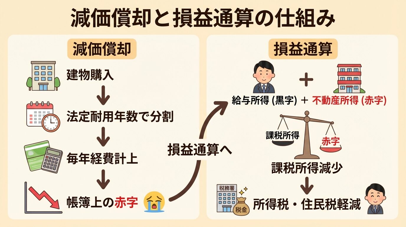 タイトル: 減価償却と損益通算の仕組み。左側に「減価償却」フロー: 建物購入&rarr;法定耐用年数で分割&rarr;毎年経費計上&rarr;帳簿上の赤字。右側に「損益通算」フロー: 給与所得（黒字）+不動産所得（赤字）&rarr;課税所得減少&rarr;所得税・住民税軽減。中央に矢印で両者をつなぐ