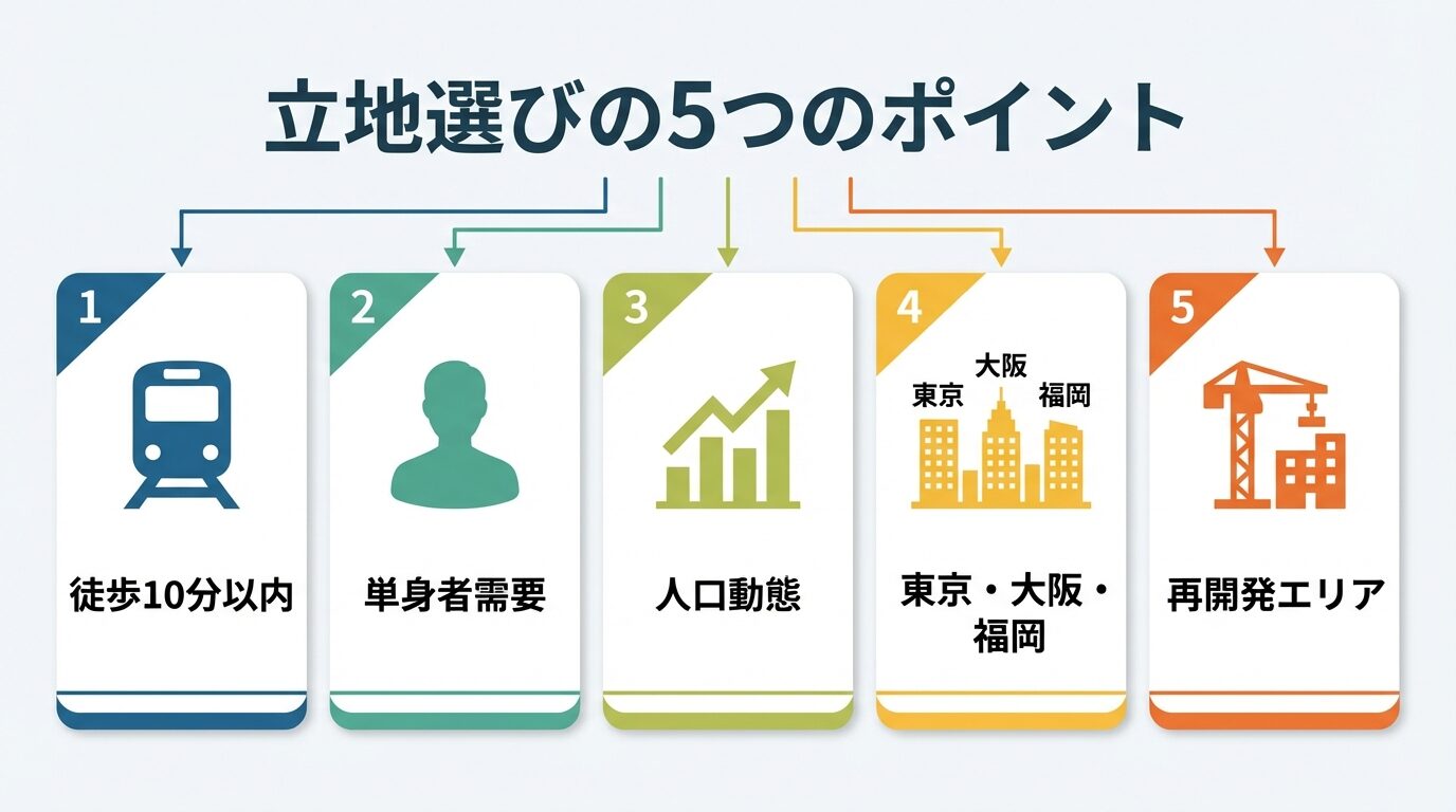 タイトル: 立地選びの5つのポイント。横並び5カードで: カード1（駅アイコン）徒歩10分以内、カード2（人物アイコン）単身者需要、カード3（グラフアイコン）人口動態、カード4（都市アイコン）東京・大阪・福岡、カード5（建設アイコン）再開発エリア