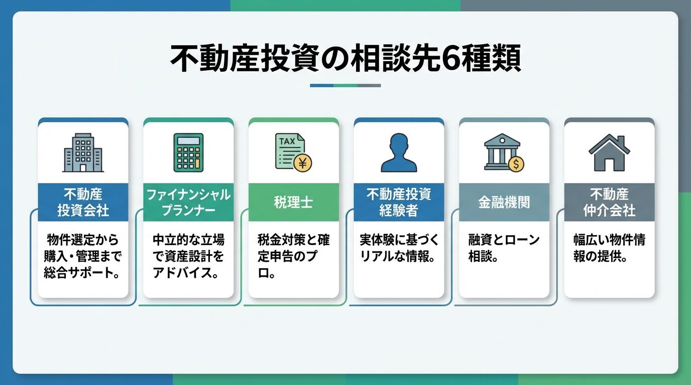 タイトル: 不動産投資の相談先6種類。横並び6カードで: カード1（ビルのアイコン）ヘッダー: 不動産投資会社、説明: 物件選定から購入・管理まで総合サポート。カード2（電卓のアイコン）ヘッダー: ファイナンシャルプランナー、説明: 中立的な立場で資産設計をアドバイス。カード3（税金のアイコン）ヘッダー: 税理士、説明: 税金対策と確定申告のプロ。カード4（人のアイコン）ヘッダー: 不動産投資経験者、説明: 実体験に基づくリアルな情報。カード5（銀行のアイコン）ヘッダー: 金融機関、説明: 融資とローン相談。カード6（家のアイコン）ヘッダー: 不動産仲介会社、説明: 幅広い物件情報の提供