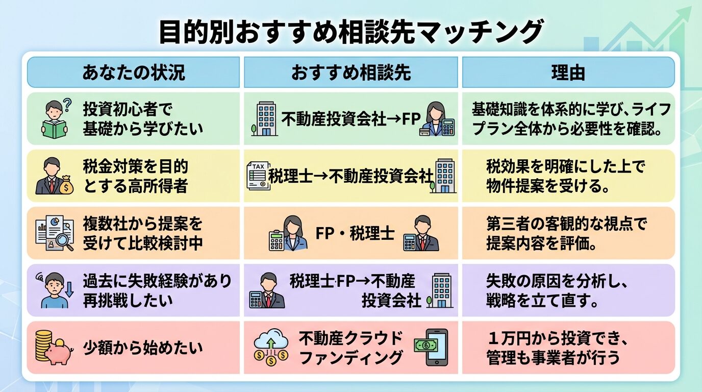 タイトル: 目的別おすすめ相談先マッチング。5行の表: ヘッダー行: あなたの状況 | おすすめ相談先 | 理由。行1: 投資初心者で基礎から学びたい | 不動産投資会社&rarr;FP | 基礎知識を体系的に学び、ライフプラン全体から必要性を確認。行2: 税金対策を目的とする高所得者 | 税理士&rarr;不動産投資会社 | 税効果を明確にした上で物件提案を受ける。行3: 複数社から提案を受けて比較検討中 | FP・税理士 | 第三者の客観的な視点で提案内容を評価。行4: 過去に失敗経験があり再挑戦したい | 税理士・FP&rarr;不動産投資会社 | 失敗の原因を分析し、戦略を立て直す。行5: 少額から始めたい | 不動産クラウドファンディング | 1万円から投資でき、管理も事業者が行う