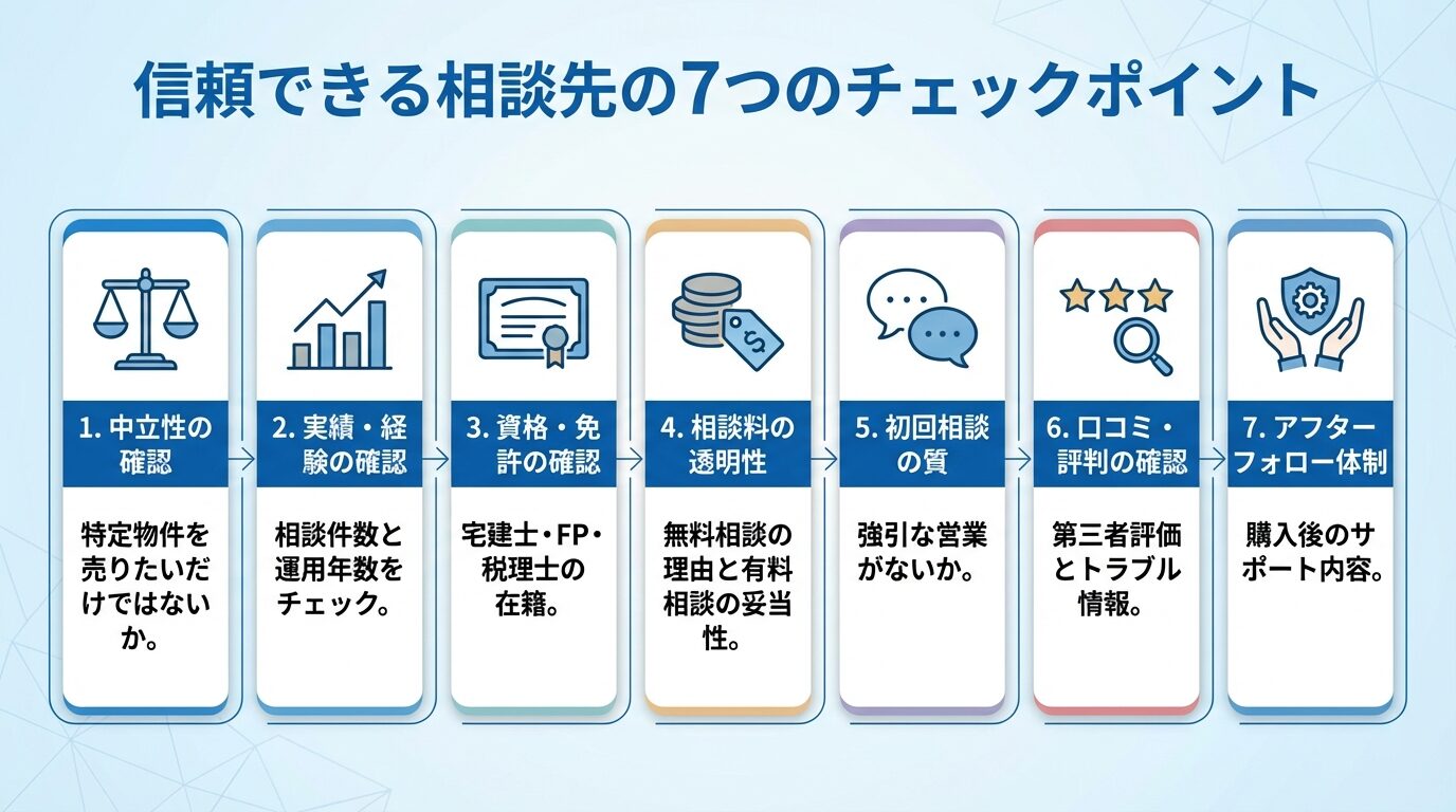 タイトル: 信頼できる相談先の7つのチェックポイント。縦並び7カードで: カード1（天秤アイコン）ヘッダー: 中立性の確認、説明: 特定物件を売りたいだけではないか。カード2（グラフアイコン）ヘッダー: 実績・経験の確認、説明: 相談件数と運用年数をチェック。カード3（資格証アイコン）ヘッダー: 資格・免許の確認、説明: 宅建士・FP・税理士の在籍。カード4（お金アイコン）ヘッダー: 相談料の透明性、説明: 無料相談の理由と有料相談の妥当性。カード5（会話アイコン）ヘッダー: 初回相談の質、説明: 強引な営業がないか。カード6（星アイコン）ヘッダー: 口コミ・評判の確認、説明: 第三者評価とトラブル情報。カード7（サポートアイコン）ヘッダー: アフターフォロー体制、説明: 購入後のサポート内容