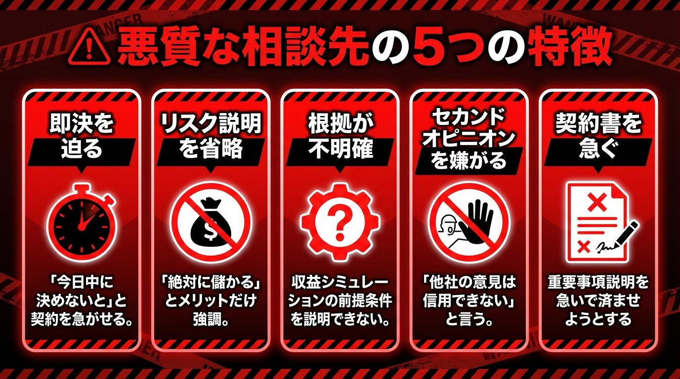タイトル: 悪質な相談先の5つの特徴。縦並び5カードで赤色警告デザイン: カード1（時計アイコン）ヘッダー: 即決を迫る、説明: 「今日中に決めないと」と契約を急がせる。カード2（禁止アイコン）ヘッダー: リスク説明を省略、説明: 「絶対に儲かる」とメリットだけ強調。カード3（疑問符アイコン）ヘッダー: 根拠が不明確、説明: 収益シミュレーションの前提条件を説明できない。カード4（拒否アイコン）ヘッダー: セカンドオピニオンを嫌がる、説明: 「他社の意見は信用できない」と言う。カード5（契約書アイコン）ヘッダー: 契約書を急ぐ、説明: 重要事項説明を急いで済ませようとする