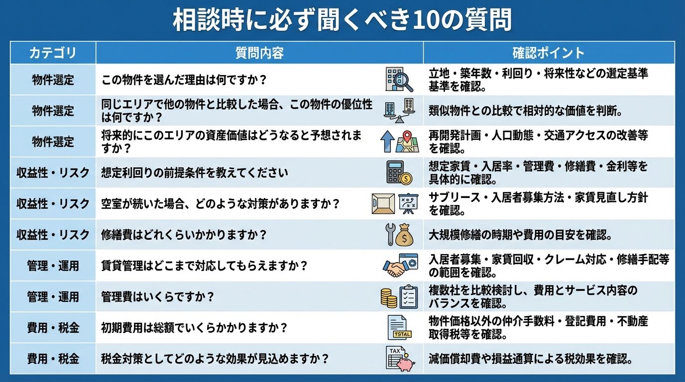 タイトル: 相談時に必ず聞くべき10の質問。3列の表: ヘッダー行: カテゴリ | 質問内容 | 確認ポイント。行1: 物件選定 | この物件を選んだ理由は何ですか？ | 立地・築年数・利回り・将来性などの選定基準を確認。行2: 物件選定 | 同じエリアで他の物件と比較した場合、この物件の優位性は何ですか？ | 類似物件との比較で相対的な価値を判断。行3: 物件選定 | 将来的にこのエリアの資産価値はどうなると予想されますか？ | 再開発計画・人口動態・交通アクセスの改善等を確認。行4: 収益性・リスク | 想定利回りの前提条件を教えてください | 想定家賃・入居率・管理費・修繕費・金利等を具体的に確認。行5: 収益性・リスク | 空室が続いた場合、どのような対策がありますか？ | サブリース・入居者募集方法・家賃見直し方針を確認。行6: 収益性・リスク | 修繕費はどれくらいかかりますか？ | 大規模修繕の時期や費用の目安を確認。行7: 管理・運用 | 賃貸管理はどこまで対応してもらえますか？ | 入居者募集・家賃回収・クレーム対応・修繕手配等の範囲を確認。行8: 管理・運用 | 管理費はいくらですか？ | 複数社を比較検討し、費用とサービス内容のバランスを確認。行9: 費用・税金 | 初期費用は総額でいくらかかりますか？ | 物件価格以外の仲介手数料・登記費用・不動産取得税等を確認。行10: 費用・税金 | 税金対策としてどのような効果が見込めますか？ | 減価償却費や損益通算による税効果を確認