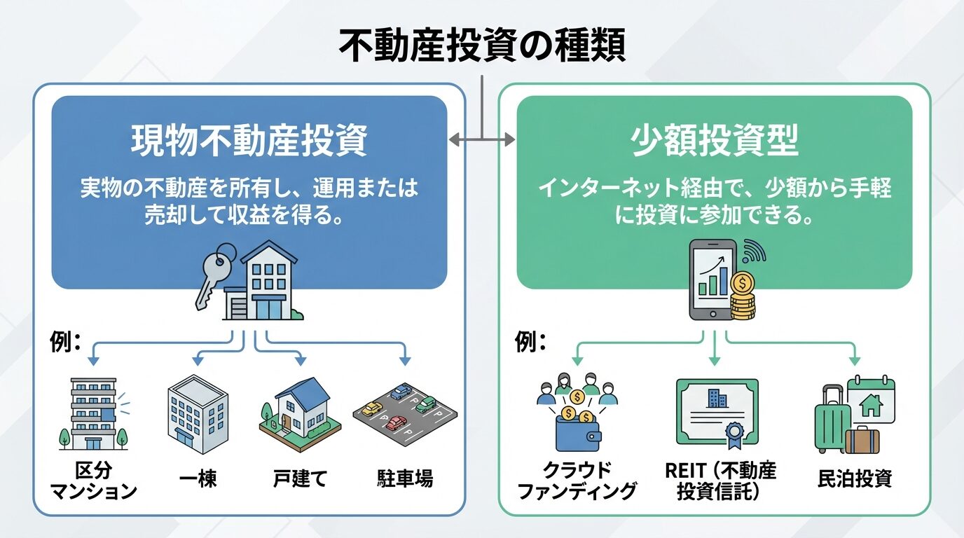タイトル: 不動産投資の種類を2つに分類。左側ボックス（青色）: 現物不動産投資、説明: 実物の不動産を所有、例: 区分マンション・一棟・戸建て・駐車場。右側ボックス（緑色）: 少額投資型、説明: インターネット経由で少額から投資、例: クラウドファンディング・REIT・民泊投資