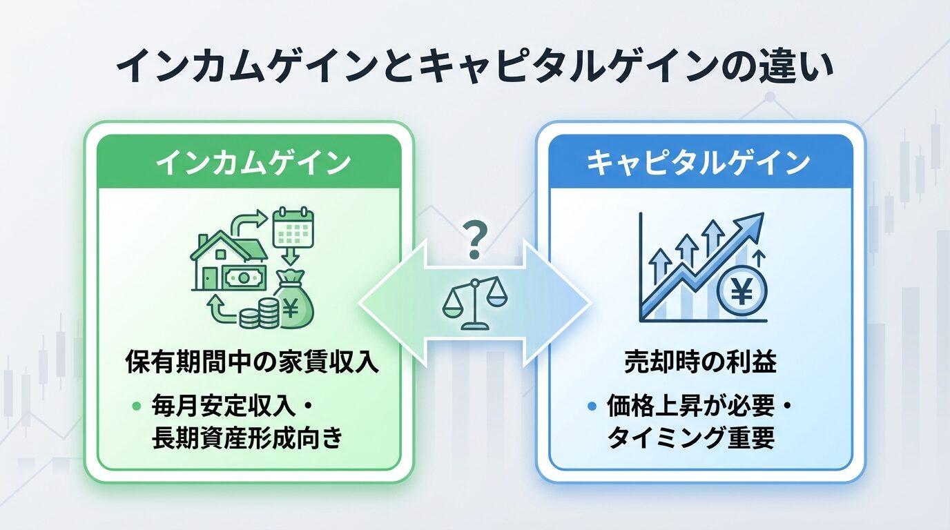 タイトル: インカムゲインとキャピタルゲインの違い。左側カード（緑色）: インカムゲイン、アイコン: 家賃のイメージ、説明: 保有期間中の家賃収入、特徴: 毎月安定収入・長期資産形成向き。右側カード（青色）: キャピタルゲイン、アイコン: 上昇グラフ、説明: 売却時の利益、特徴: 価格上昇が必要・タイミング重要
