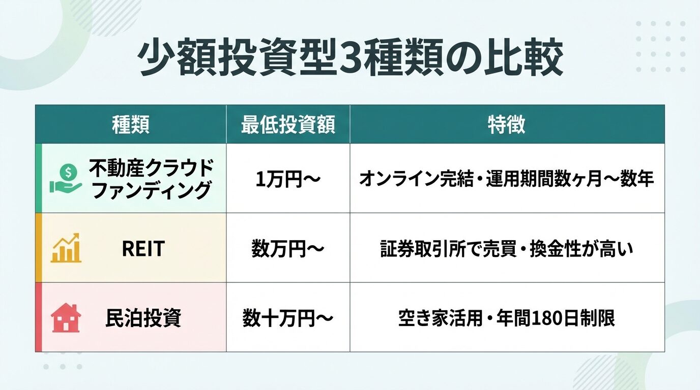 タイトル: 少額投資型3種類の比較。3列の表形式。ヘッダー行: 種類 | 最低投資額 | 特徴。行1: 不動産クラウドファンディング | 1万円〜 | オンライン完結・運用期間数ヶ月〜数年。行2: REIT | 数万円〜 | 証券取引所で売買・換金性が高い。行3: 民泊投資 | 数十万円〜 | 空き家活用・年間180日制限