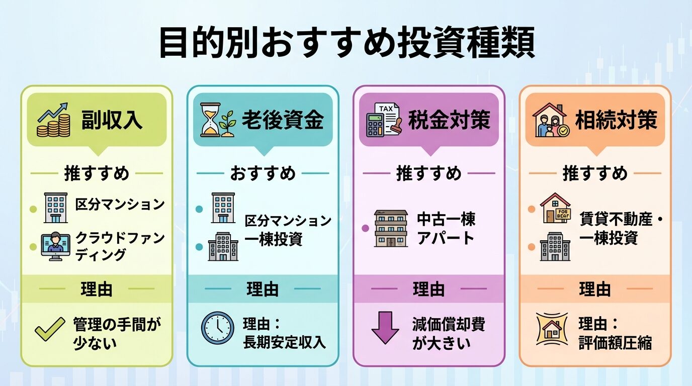 タイトル: 目的別おすすめ投資種類。4つの横並びカード。カード1: 副収入、おすすめ: 区分マンション・クラウドファンディング、理由: 管理の手間が少ない。カード2: 老後資金、おすすめ: 区分マンション・一棟投資、理由: 長期安定収入。カード3: 税金対策、おすすめ: 中古一棟アパート、理由: 減価償却費が大きい。カード4: 相続対策、おすすめ: 賃貸不動産・一棟投資、理由: 評価額圧縮