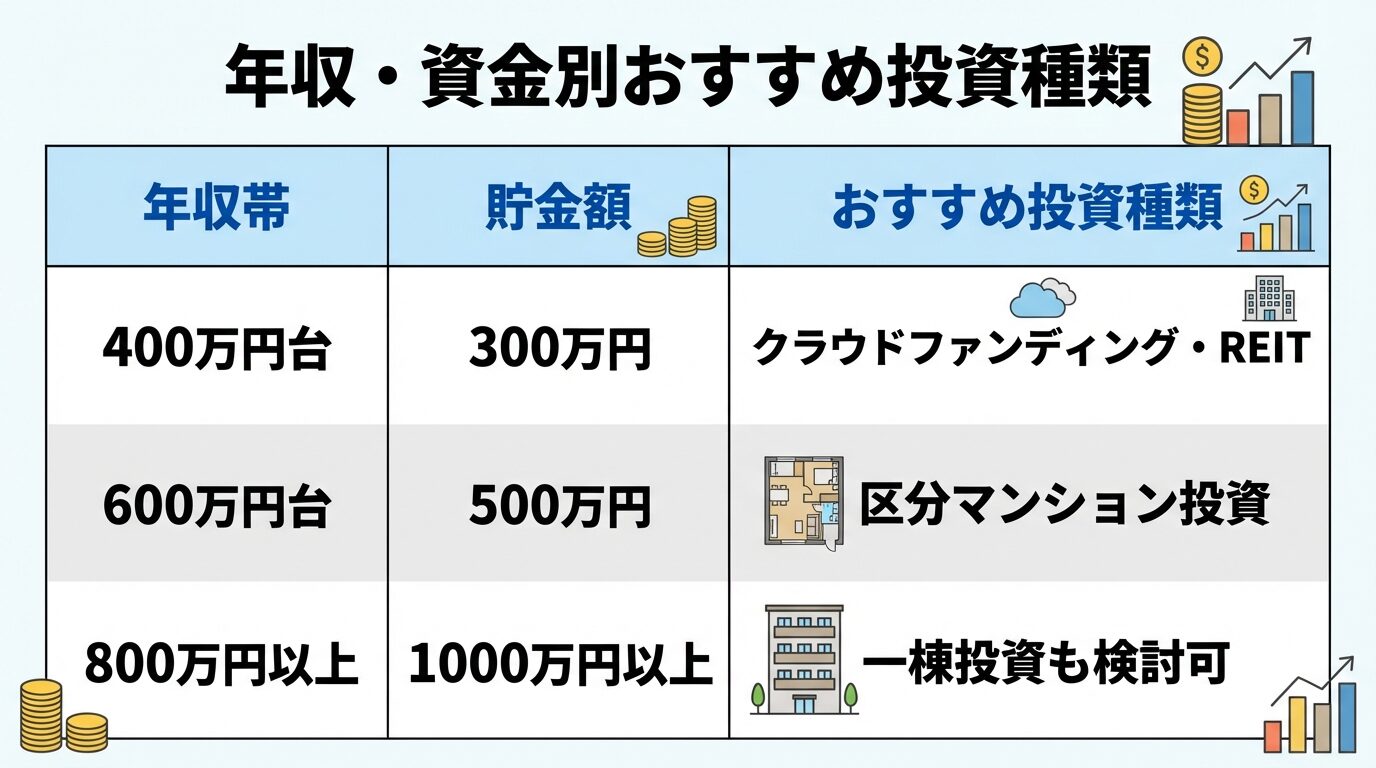 タイトル: 年収・資金別おすすめ投資種類。3列の表形式。ヘッダー行: 年収帯 | 貯金額 | おすすめ投資種類。行1: 400万円台 | 300万円 | クラウドファンディング・REIT。行2: 600万円台 | 500万円 | 区分マンション投資。行3: 800万円以上 | 1000万円以上 | 一棟投資も検討可