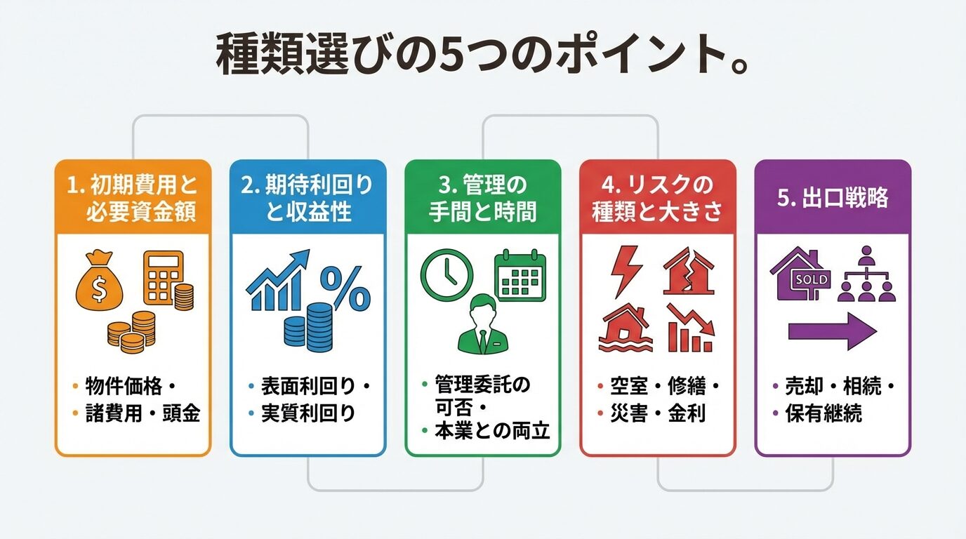 タイトル: 種類選びの5つのポイント。縦に並ぶ5つのボックス。ボックス1: 初期費用と必要資金額、チェック項目: 物件価格・諸費用・頭金。ボックス2: 期待利回りと収益性、チェック項目: 表面利回り・実質利回り。ボックス3: 管理の手間と時間、チェック項目: 管理委託の可否・本業との両立。ボックス4: リスクの種類と大きさ、チェック項目: 空室・修繕・災害・金利。ボックス5: 出口戦略、チェック項目: 売却・相続・保有継続