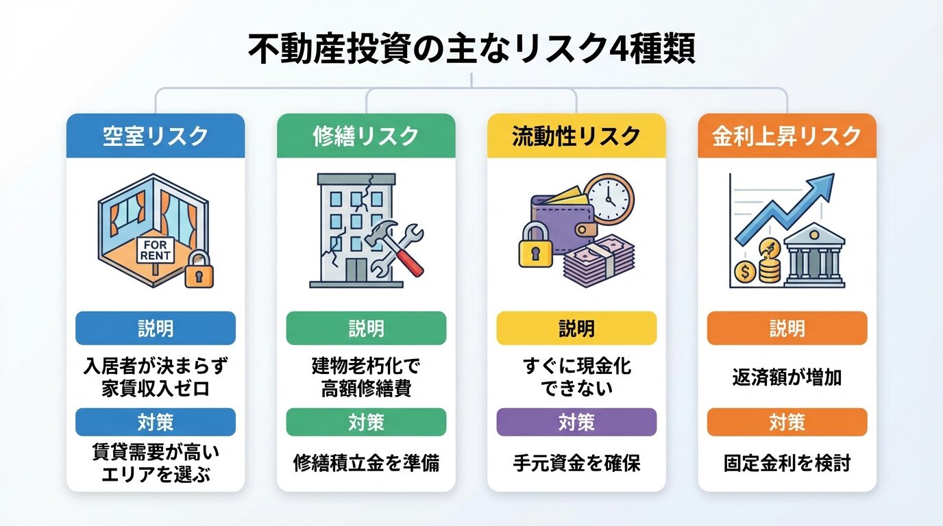 タイトル: 不動産投資の主なリスク4種類。横並び4カード。カード1: 空室リスク、説明: 入居者が決まらず家賃収入ゼロ、対策: 賃貸需要が高いエリアを選ぶ。カード2: 修繕リスク、説明: 建物老朽化で高額修繕費、対策: 修繕積立金を準備。カード3: 流動性リスク、説明: すぐに現金化できない、対策: 手元資金を確保。カード4: 金利上昇リスク、説明: 返済額が増加、対策: 固定金利を検討