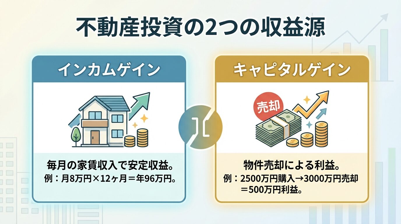 タイトル: 不動産投資の2つの収益源。横並び2カードで: カード1(家のアイコンと上昇矢印)ヘッダー: インカムゲイン、説明: 毎月の家賃収入で安定収益。例: 月8万円×12ヶ月=年96万円。カード2(お金のアイコンと売却マーク)ヘッダー: キャピタルゲイン、説明: 物件売却による利益。例: 2500万円購入→3000万円売却=500万円利益