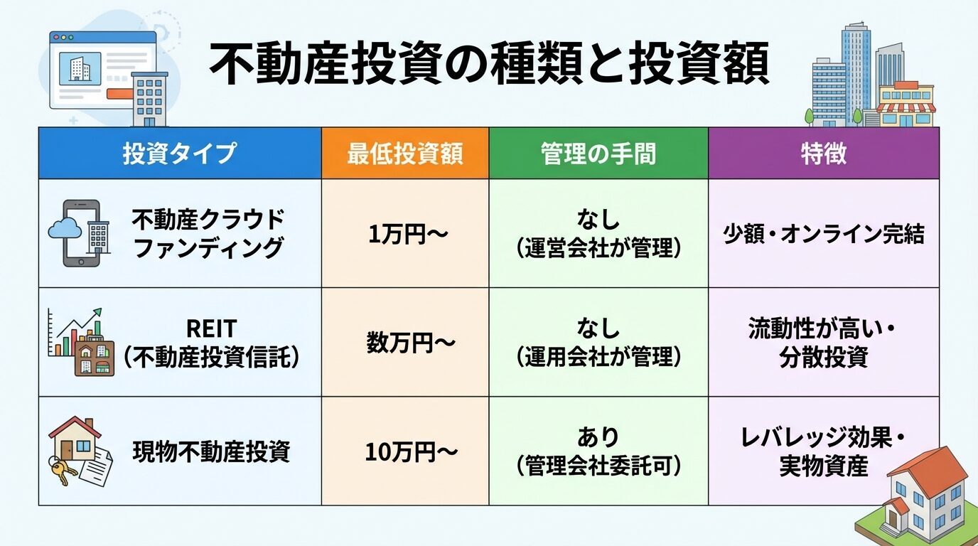 タイトル: 不動産投資の種類と投資額。3列の表: ヘッダー行: 投資タイプ | 最低投資額 | 管理の手間 | 特徴。行1: 不動産クラウドファンディング | 1万円〜 | なし(運営会社が管理)| 少額・オンライン完結。行2: REIT(不動産投資信託)| 数万円〜 | なし(運用会社が管理)| 流動性が高い・分散投資。行3: 現物不動産投資 | 10万円〜 | あり(管理会社委託可)| レバレッジ効果・実物資産