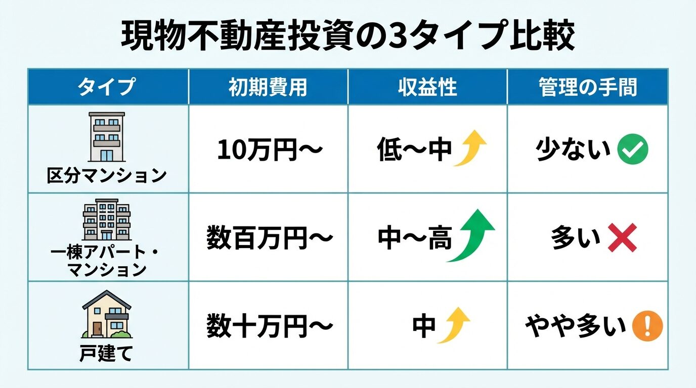 タイトル: 現物不動産投資の3タイプ比較。3列の表: ヘッダー行: タイプ | 初期費用 | 収益性 | 管理の手間。行1: 区分マンション | 10万円〜 | 低〜中 | 少ない。行2: 一棟アパート・マンション | 数百万円〜 | 中〜高 | 多い。行3: 戸建て | 数十万円〜 | 中 | やや多い