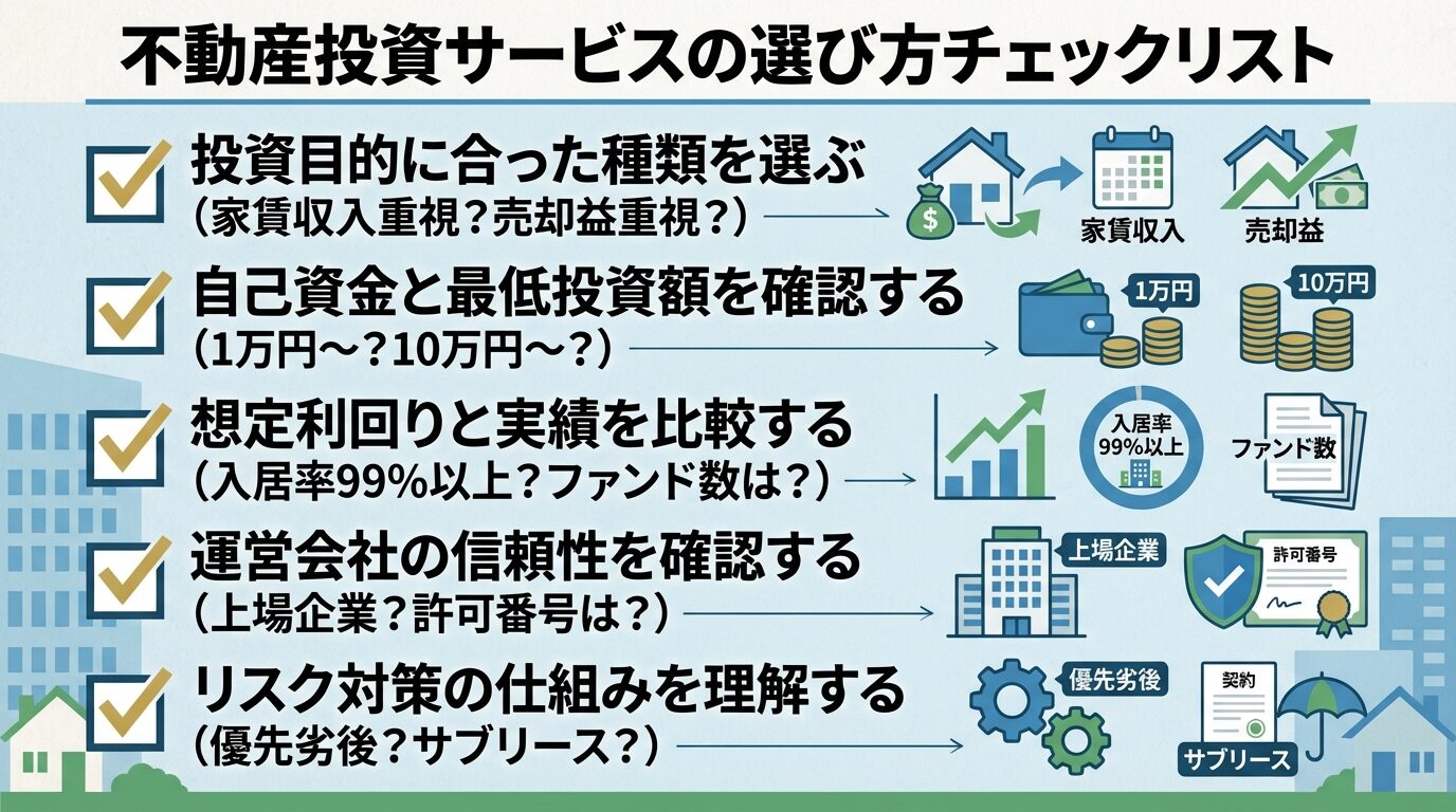 タイトル: 不動産投資サービスの選び方チェックリスト。5項目の縦並びリスト: 項目1(チェックボックス)投資目的に合った種類を選ぶ(家賃収入重視?売却益重視?)。項目2(チェックボックス)自己資金と最低投資額を確認する(1万円〜?10万円〜?)。項目3(チェックボックス)想定利回りと実績を比較する(入居率99%以上?ファンド数は?)。項目4(チェックボックス)運営会社の信頼性を確認する(上場企業?許可番号は?)。項目5(チェックボックス)リスク対策の仕組みを理解する(優先劣後?サブリース?)