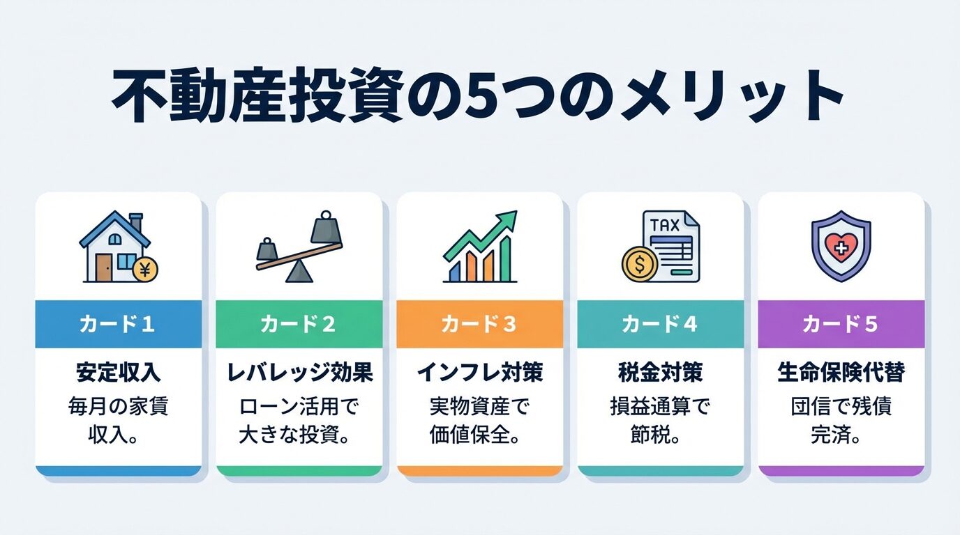 タイトル: 不動産投資の5つのメリット。5枚の横並びカード: カード1(家のアイコン)ヘッダー: 安定収入、説明: 毎月の家賃収入。カード2(レバレッジのアイコン)ヘッダー: レバレッジ効果、説明: ローン活用で大きな投資。カード3(上昇グラフのアイコン)ヘッダー: インフレ対策、説明: 実物資産で価値保全。カード4(節税のアイコン)ヘッダー: 税金対策、説明: 損益通算で節税。カード5(保険のアイコン)ヘッダー: 生命保険代替、説明: 団信で残債完済