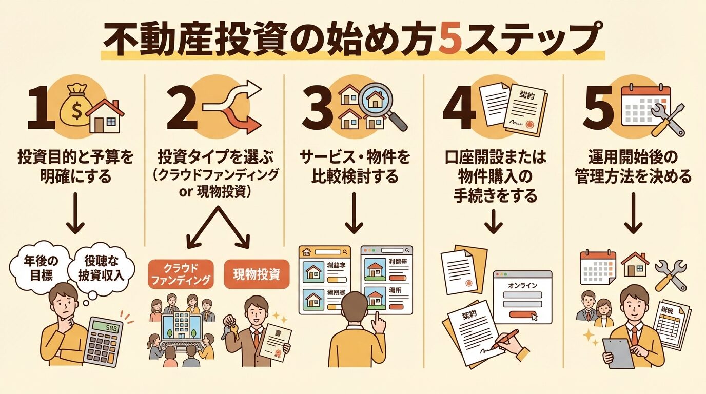 タイトル: 不動産投資の始め方5ステップ。縦並び5ステップのフロー図: ステップ1(数字1のアイコン)投資目的と予算を明確にする→ステップ2(数字2のアイコン)投資タイプを選ぶ(クラウドファンディング or 現物投資)→ステップ3(数字3のアイコン)サービス・物件を比較検討する→ステップ4(数字4のアイコン)口座開設または物件購入の手続きをする→ステップ5(数字5のアイコン)運用開始後の管理方法を決める