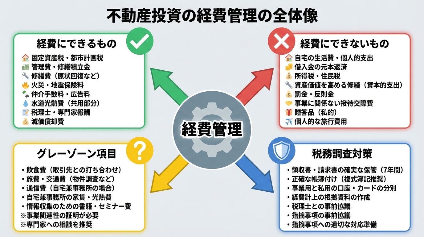タイトル: 不動産投資の経費管理の全体像。中央に「経費管理」の円があり、そこから4つの矢印が伸びる。矢印1: 経費にできるもの（緑色、チェックマークアイコン）。矢印2: 経費にできないもの（赤色、バツマークアイコン）。矢印3: グレーゾーン項目（黄色、疑問符アイコン）。矢印4: 税務調査対策（青色、盾アイコン）。背景は淡いグレー
