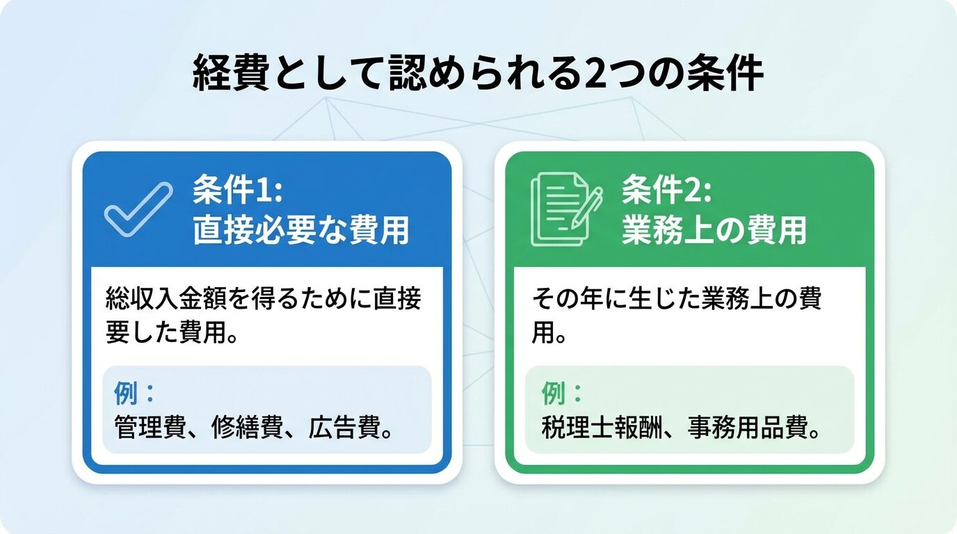 タイトル: 経費として認められる2つの条件。左右2つのカードレイアウト。左カード（青色）: ヘッダー「条件1: 直接必要な費用」、アイコン: チェックマーク、説明: 総収入金額を得るために直接要した費用。例: 管理費、修繕費、広告費。右カード（緑色）: ヘッダー「条件2: 業務上の費用」、アイコン: 書類、説明: その年に生じた業務上の費用。例: 税理士報酬、事務用品費