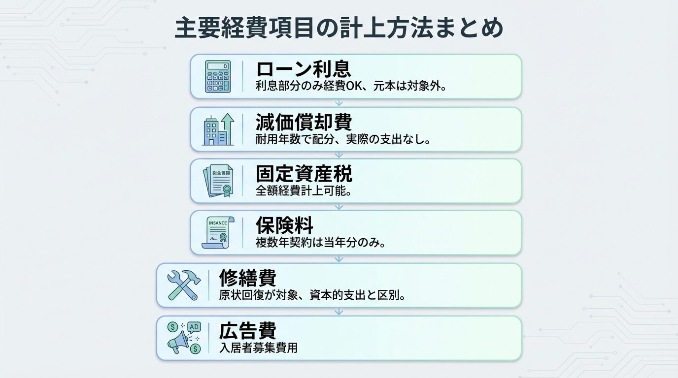 タイトル: 主要経費項目の計上方法まとめ。縦に並ぶ6つのカード。カード1: アイコン（電卓）、見出し「ローン利息」、説明: 利息部分のみ経費OK、元本は対象外。カード2: アイコン（建物）、見出し「減価償却費」、説明: 耐用年数で配分、実際の支出なし。カード3: アイコン（税金書類）、見出し「固定資産税」、説明: 全額経費計上可能。カード4: アイコン（保険証券）、見出し「保険料」、説明: 複数年契約は当年分のみ。カード5: アイコン（工具）、見出し「修繕費」、説明: 原状回復が対象、資本的支出と区別。カード6: アイコン（広告）、見出し「広告費」、説明: 入居者募集費用