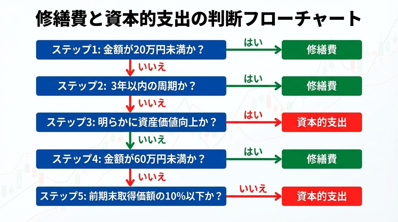 タイトル: 修繕費と資本的支出の判断フローチャート。縦に流れる5ステップのフローチャート。ステップ1: 「金額が20万円未満か？」&rarr;YES: 修繕費（緑）、NO: ステップ2へ。ステップ2: 「3年以内の周期か？」&rarr;YES: 修繕費（緑）、NO: ステップ3へ。ステップ3: 「明らかに資産価値向上か？」&rarr;YES: 資本的支出（赤）、NO: ステップ4へ。ステップ4: 「金額が60万円未満か？」&rarr;YES: 修繕費（緑）、NO: ステップ5へ。ステップ5: 「前期末取得価額の10%以下か？」&rarr;YES: 修繕費（緑）、NO: 資本的支出（赤）