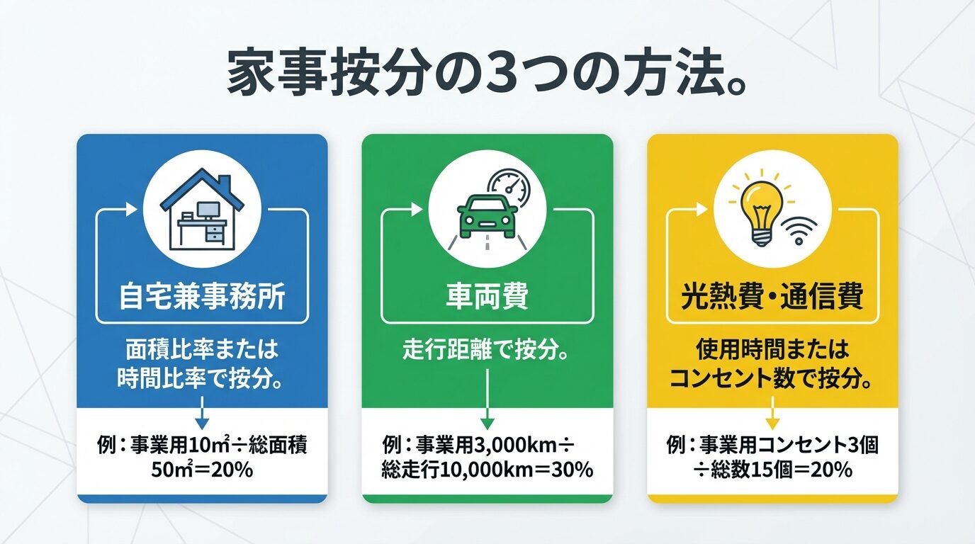 タイトル: 家事按分の3つの方法。横並び3カードレイアウト。カード1（青色）: アイコン（家）、見出し「自宅兼事務所」、説明: 面積比率または時間比率で按分。例: 事業用10㎡&divide;総面積50㎡=20%。カード2（緑色）: アイコン（車）、見出し「車両費」、説明: 走行距離で按分。例: 事業用3,000km&divide;総走行10,000km=30%。カード3（黄色）: アイコン（電球）、見出し「光熱費・通信費」、説明: 使用時間またはコンセント数で按分。例: 事業用コンセント3個&divide;総数15個=20%