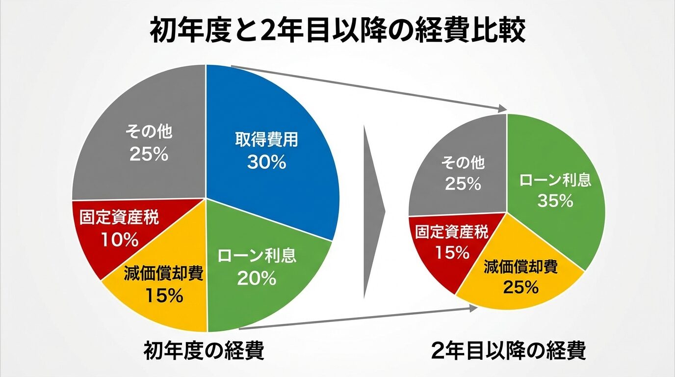 タイトル: 初年度と2年目以降の経費比較。左右2つの円グラフ。左側「初年度の経費」（大きい円）: セグメント1: 取得費用（青、30%）、セグメント2: ローン利息（緑、20%）、セグメント3: 減価償却費（黄、15%）、セグメント4: 固定資産税（赤、10%）、セグメント5: その他（灰、25%）。右側「2年目以降の経費」（小さい円）: セグメント1: ローン利息（緑、35%）、セグメント2: 減価償却費（黄、25%）、セグメント3: 固定資産税（赤、15%）、セグメント4: その他（灰、25%）。初年度の円の方が明らかに大きく描く