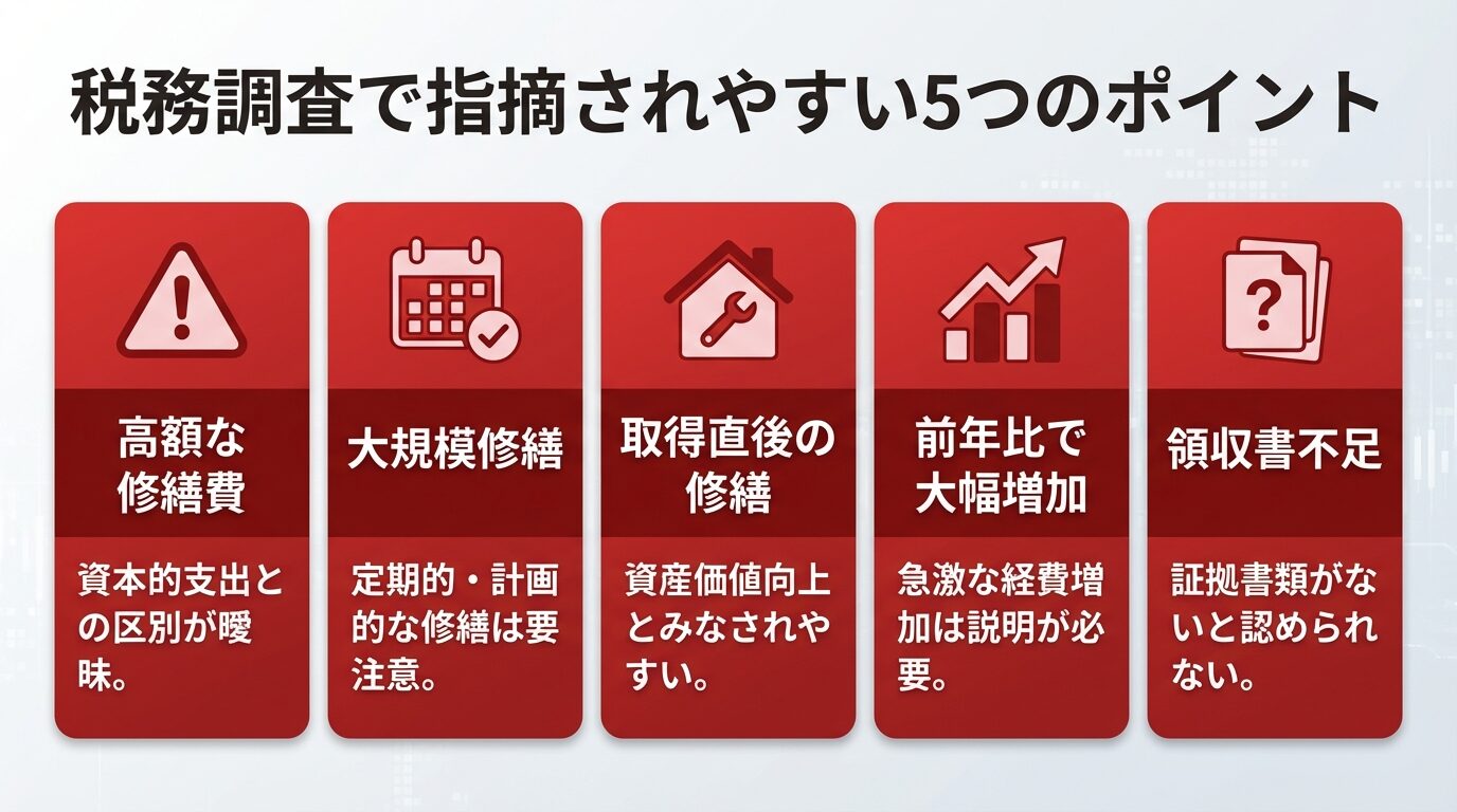 タイトル: 税務調査で指摘されやすい5つのポイント。縦に並ぶ5つのカード。カード1（赤色）: アイコン（警告マーク）、見出し「高額な修繕費」、説明: 資本的支出との区別が曖昧。カード2（赤色）: アイコン（カレンダー）、見出し「大規模修繕」、説明: 定期的・計画的な修繕は要注意。カード3（赤色）: アイコン（家）、見出し「取得直後の修繕」、説明: 資産価値向上とみなされやすい。カード4（赤色）: アイコン（グラフ）、見出し「前年比で大幅増加」、説明: 急激な経費増加は説明が必要。カード5（赤色）: アイコン（書類）、見出し「領収書不足」、説明: 証拠書類がないと認められない