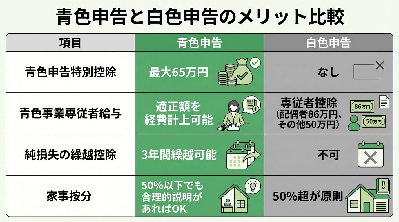 タイトル: 青色申告と白色申告のメリット比較。左右2列の比較表。ヘッダー行: 項目 | 青色申告 | 白色申告。行1: 青色申告特別控除 | 最大65万円 | なし。行2: 青色事業専従者給与 | 適正額を経費計上可能 | 専従者控除（配偶者86万円、その他50万円）。行3: 純損失の繰越控除 | 3年間繰越可能 | 不可。行4: 家事按分 | 50%以下でも合理的説明があればOK | 50%超が原則。青色申告の列は緑色、白色申告の列は灰色で色分け