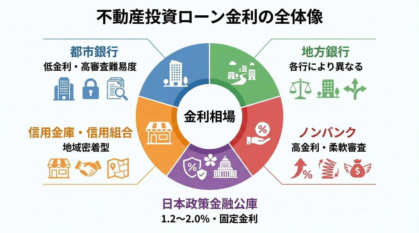 タイトル: 不動産投資ローン金利の全体像。中央に「金利相場」と書かれた円グラフ。5つのセクションに分割: 都市銀行(低金利・高審査難易度)、地方銀行(各行により異なる)、信用金庫・信用組合(地域密着型)、ノンバンク(高金利・柔軟審査)、日本政策金融公庫(1.2〜2.0%・固定金利)。各セクションに代表的な特徴をアイコンと短文で表示