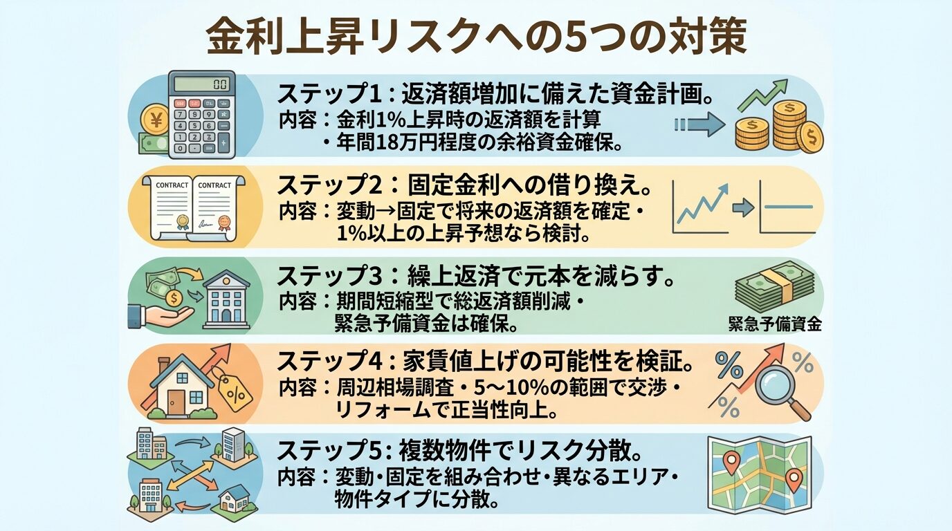 タイトル: 金利上昇リスクへの5つの対策。縦並び5ステップで表示。ステップ1(電卓アイコン): 返済額増加に備えた資金計画、内容: 金利1%上昇時の返済額を計算・年間18万円程度の余裕資金確保。ステップ2(契約書アイコン): 固定金利への借り換え、内容: 変動→固定で将来の返済額を確定・1%以上の上昇予想なら検討。ステップ3(返済アイコン): 繰上返済で元本を減らす、内容: 期間短縮型で総返済額削減・緊急予備資金は確保。ステップ4(家賃アイコン): 家賃値上げの可能性を検証、内容: 周辺相場調査・5〜10%の範囲で交渉・リフォームで正当性向上。ステップ5(分散アイコン): 複数物件でリスク分散、内容: 変動・固定を組み合わせ・異なるエリア・物件タイプに分散
