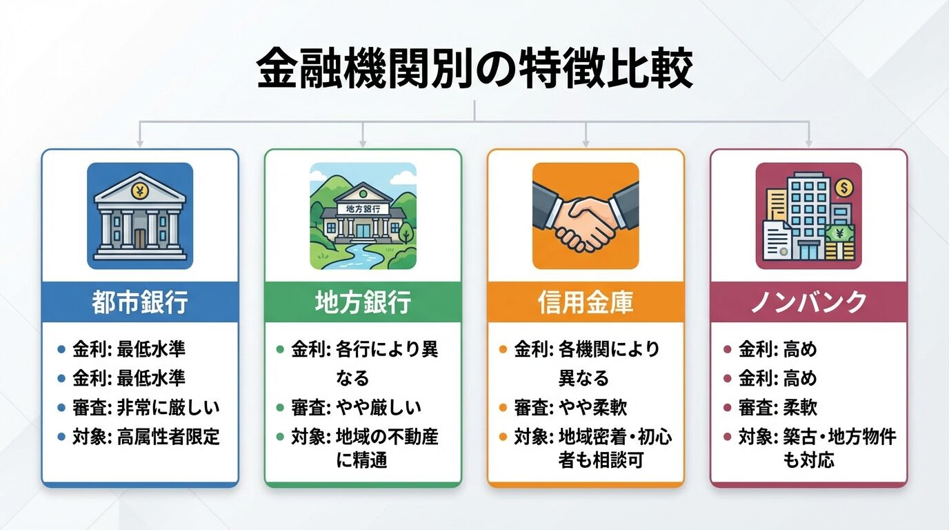 タイトル: 金融機関別の特徴比較。横並び4カードで表示。カード1(銀行のアイコン)ヘッダー: 都市銀行、金利: 最低水準、審査: 非常に厳しい、対象: 高属性者限定。カード2(地域銀行のアイコン)ヘッダー: 地方銀行、金利: 各行により異なる、審査: やや厳しい、対象: 地域の不動産に精通。カード3(握手のアイコン)ヘッダー: 信用金庫、金利: 各機関により異なる、審査: やや柔軟、対象: 地域密着・初心者も相談可。カード4(ビジネスのアイコン)ヘッダー: ノンバンク、金利: 高め、審査: 柔軟、対象: 築古・地方物件も対応