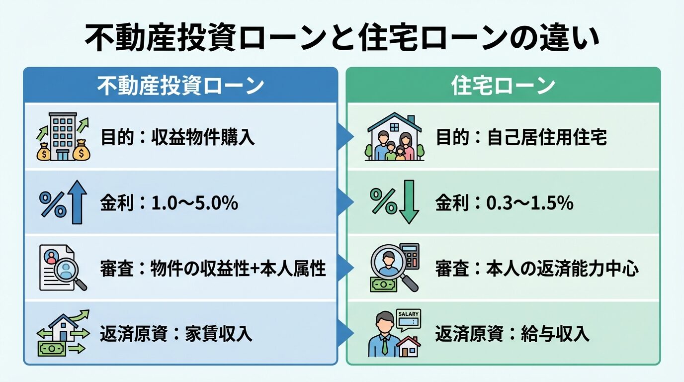 タイトル: 不動産投資ローンと住宅ローンの違い。左右2カラム比較表。左カラム(不動産投資ローン): 目的アイコン: 収益物件購入、金利アイコン: 1.0〜5.0%、審査アイコン: 物件の収益性+本人属性、返済原資アイコン: 家賃収入。右カラム(住宅ローン): 目的アイコン: 自己居住用住宅、金利アイコン: 0.3〜1.5%、審査アイコン: 本人の返済能力中心、返済原資アイコン: 給与収入