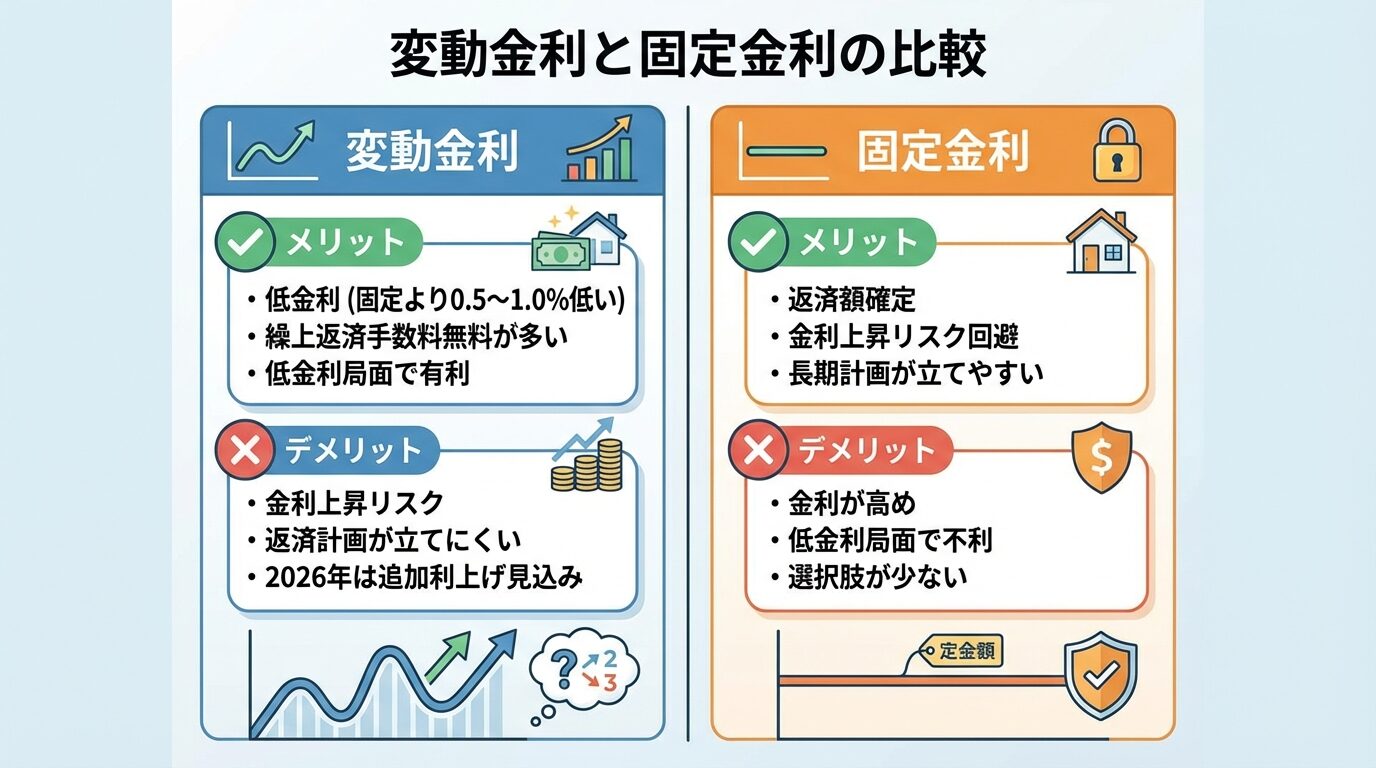 タイトル: 変動金利と固定金利の比較。左右2カラム比較表。左カラム(変動金利): メリット欄: ・低金利(固定より0.5〜1.0%低い)、・繰上返済手数料無料が多い、・低金利局面で有利。デメリット欄: ・金利上昇リスク、・返済計画が立てにくい、・2026年は追加利上げ見込み。右カラム(固定金利): メリット欄: ・返済額確定、・金利上昇リスク回避、・長期計画が立てやすい。デメリット欄: ・金利が高め、・低金利局面で不利、・選択肢が少ない