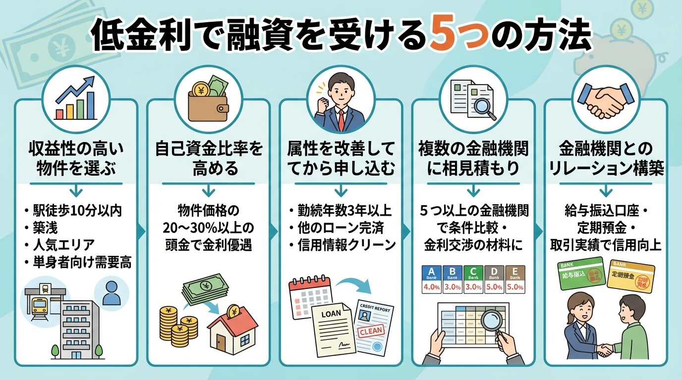 タイトル: 低金利で融資を受ける5つの方法。縦並び5ステップで表示。ステップ1(チャートアイコン): 収益性の高い物件を選ぶ、内容: 駅徒歩10分以内・築浅・人気エリア・単身者向け需要高。ステップ2(財布アイコン): 自己資金比率を高める、内容: 物件価格の20〜30%以上の頭金で金利優遇。ステップ3(人物アイコン): 属性を改善してから申し込む、内容: 勤続年数3年以上・他のローン完済・信用情報クリーン。ステップ4(比較アイコン): 複数の金融機関に相見積もり、内容: 5つ以上の金融機関で条件比較・金利交渉の材料に。ステップ5(握手アイコン): 金融機関とのリレーション構築、内容: 給与振込口座・定期預金・取引実績で信用向上