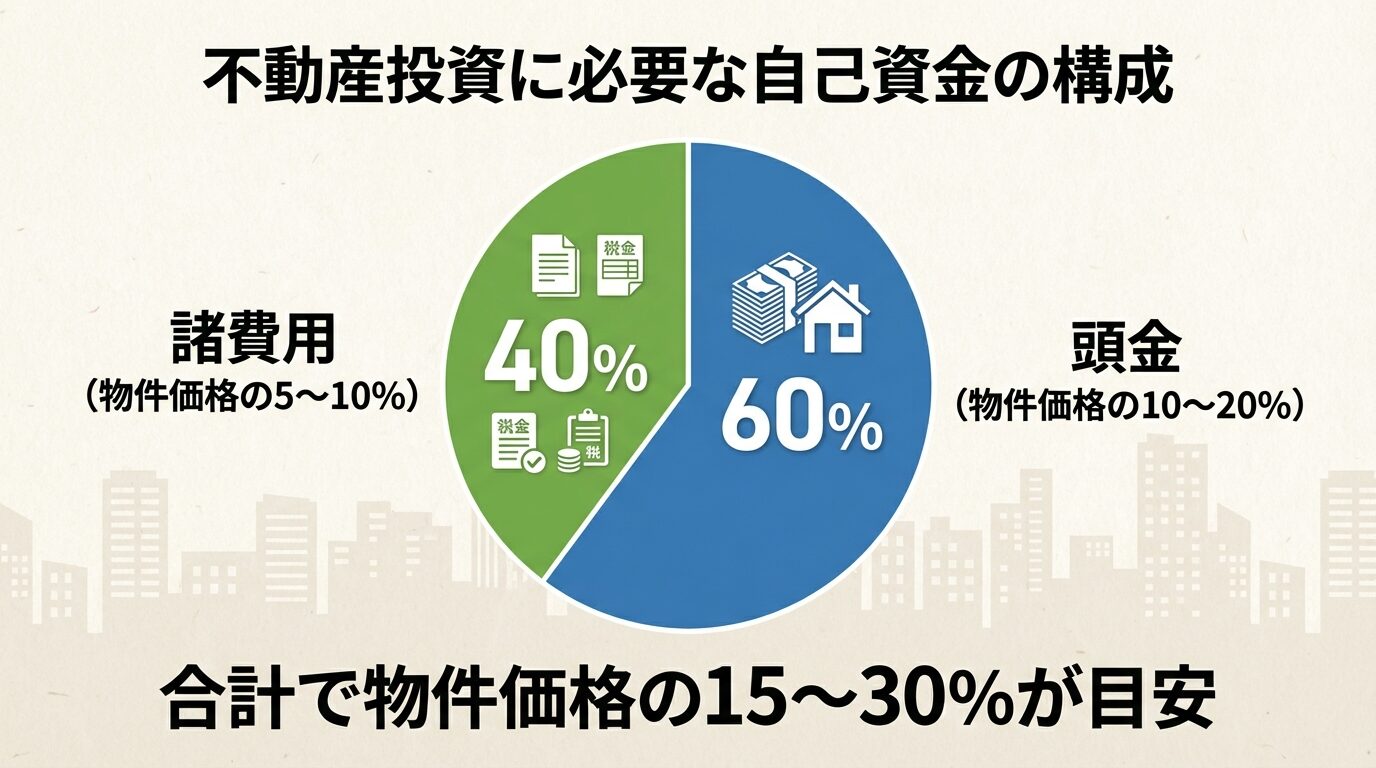 タイトル: 不動産投資に必要な自己資金の構成。円グラフで: 頭金（物件価格の10〜20％）が60%のセグメント、諸費用（物件価格の5〜10％）が40%のセグメント。下部に注釈: 合計で物件価格の15〜30％が目安