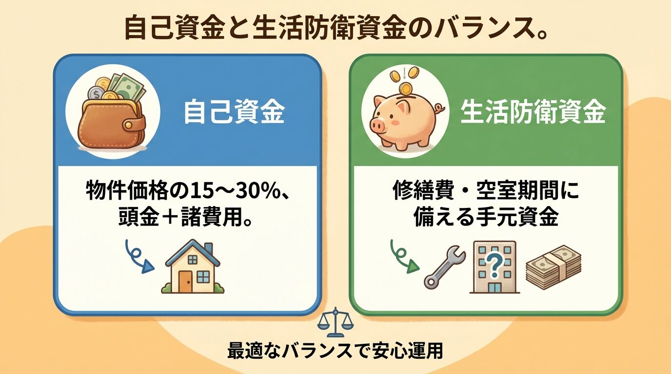 タイトル: 自己資金と生活防衛資金のバランス。横並び2カードで: カード1（財布のアイコン）ヘッダー: 自己資金、説明: 物件価格の15〜30％、頭金＋諸費用。カード2（貯金箱のアイコン）ヘッダー: 生活防衛資金、説明: 修繕費・空室期間に備える手元資金