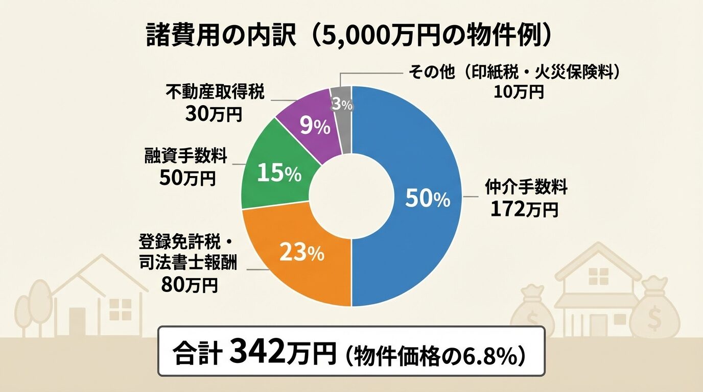 タイトル: 諸費用の内訳（5,000万円の物件例）。円グラフで: 仲介手数料172万円（50%）、登録免許税・司法書士報酬80万円（23%）、融資手数料50万円（15%）、不動産取得税30万円（9%）、その他（印紙税・火災保険料）10万円（3%）。合計342万円（物件価格の6.8%）
