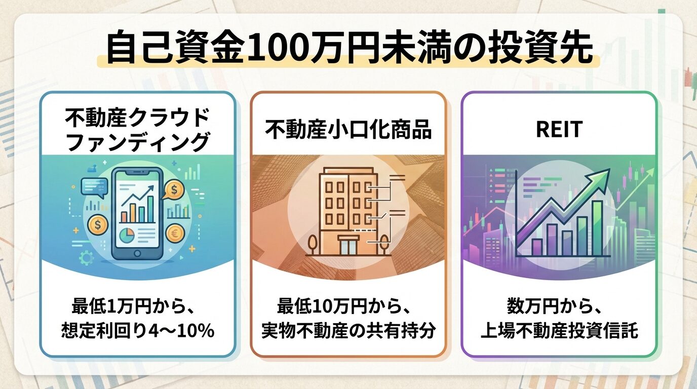 タイトル: 自己資金100万円未満の投資先。横並び3カードで: カード1（スマホのアイコン）ヘッダー: 不動産クラウドファンディング、説明: 最低1万円から、想定利回り4〜10％。カード2（ビルのアイコン）ヘッダー: 不動産小口化商品、説明: 最低10万円から、実物不動産の共有持分。カード3（グラフのアイコン）ヘッダー: REIT、説明: 数万円から、上場不動産投資信託