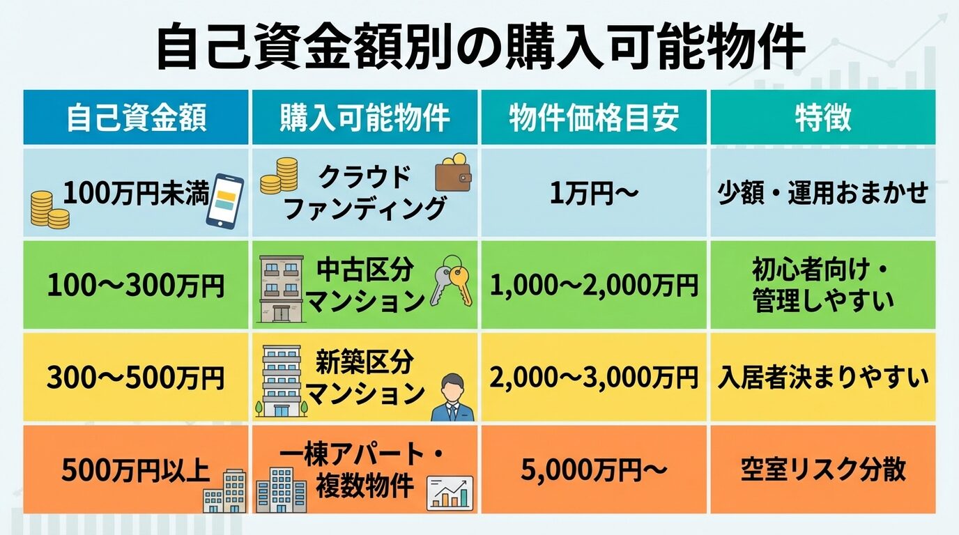 タイトル: 自己資金額別の購入可能物件。4段の表で: ヘッダー行: 自己資金額 | 購入可能物件 | 物件価格目安 | 特徴。行1: 100万円未満 | クラウドファンディング | 1万円〜 | 少額・運用おまかせ。行2: 100〜300万円 | 中古区分マンション | 1,000〜2,000万円 | 初心者向け・管理しやすい。行3: 300〜500万円 | 新築区分マンション | 2,000〜3,000万円 | 入居者決まりやすい。行4: 500万円以上 | 一棟アパート・複数物件 | 5,000万円〜 | 空室リスク分散