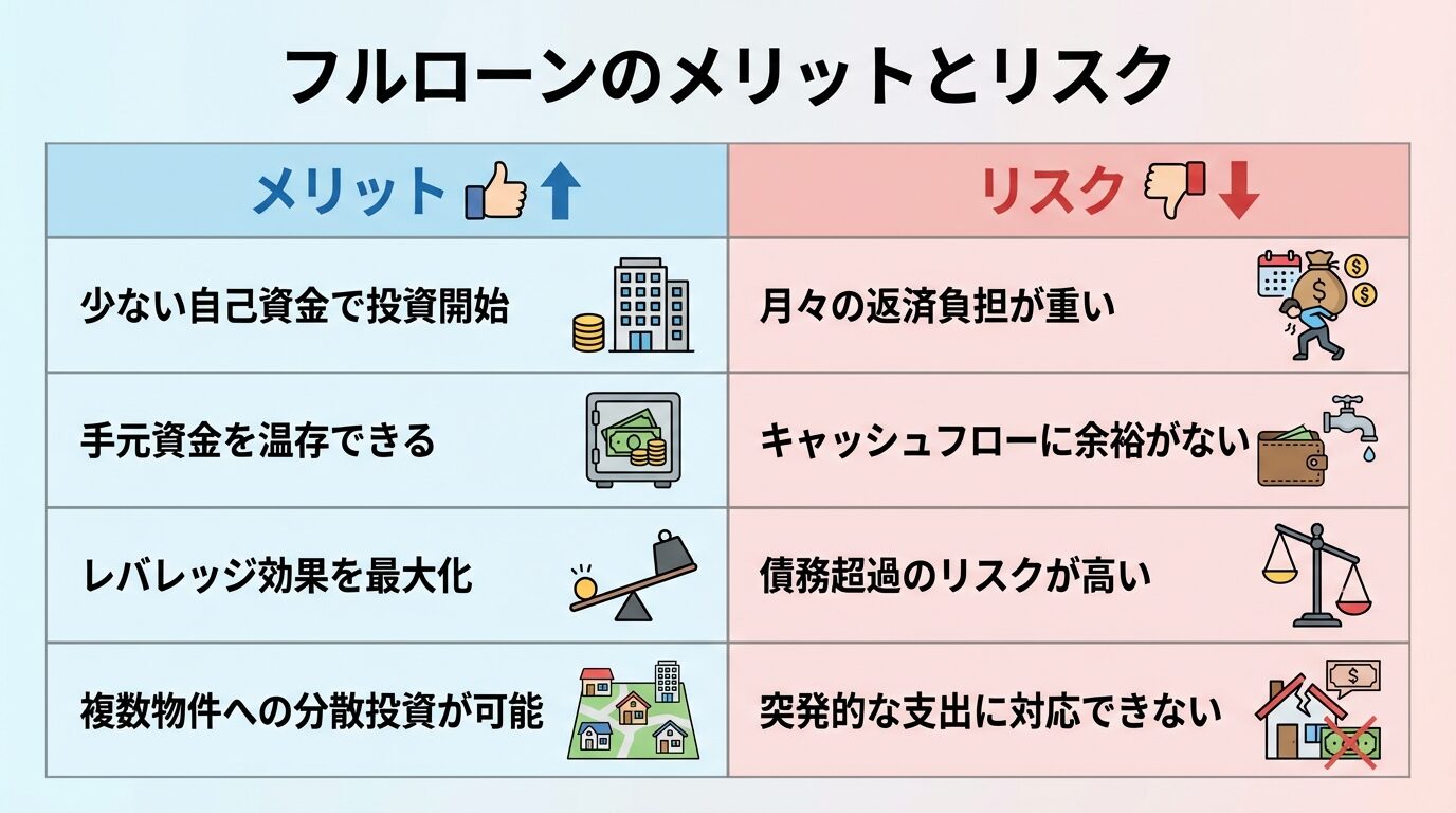 タイトル: フルローンのメリットとリスク。2列の表で: ヘッダー行: メリット | リスク。行1: 少ない自己資金で投資開始 | 月々の返済負担が重い。行2: 手元資金を温存できる | キャッシュフローに余裕がない。行3: レバレッジ効果を最大化 | 債務超過のリスクが高い。行4: 複数物件への分散投資が可能 | 突発的な支出に対応できない