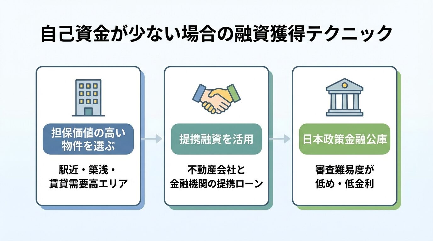 タイトル: 自己資金が少ない場合の融資獲得テクニック。横並び3カードで: カード1（ビルのアイコン）ヘッダー: 担保価値の高い物件を選ぶ、説明: 駅近・築浅・賃貸需要高エリア。カード2（握手のアイコン）ヘッダー: 提携融資を活用、説明: 不動産会社と金融機関の提携ローン。カード3（銀行のアイコン）ヘッダー: 日本政策金融公庫、説明: 審査難易度が低め・低金利