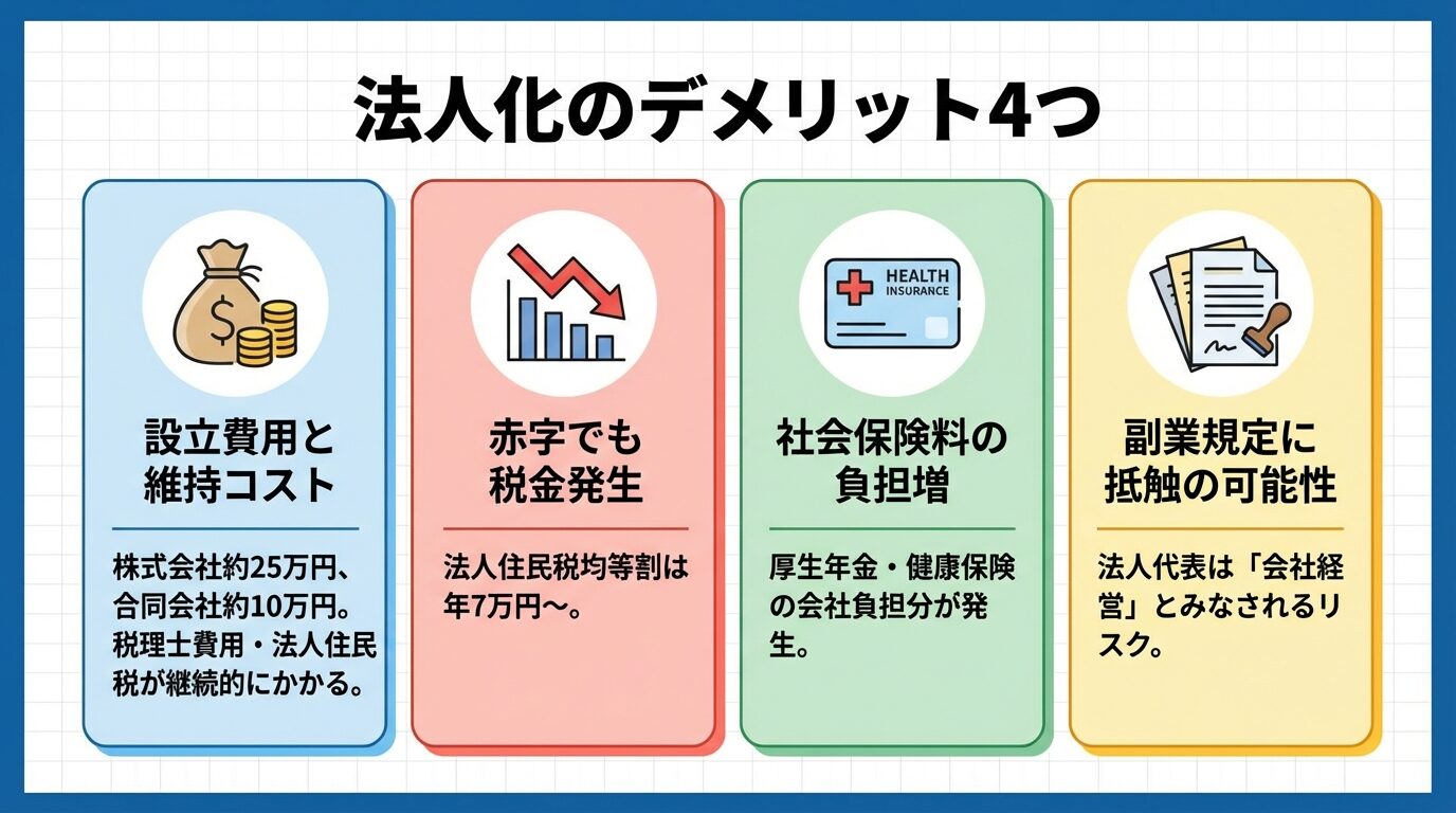 タイトル: 法人化のデメリット4つ。縦並び4カード形式。カード1(お金のアイコン): 設立費用と維持コスト。株式会社約25万円、合同会社約10万円。税理士費用・法人住民税が継続的にかかる。カード2(赤字のアイコン): 赤字でも税金発生。法人住民税均等割は年7万円〜。カード3(保険証のアイコン): 社会保険料の負担増。厚生年金・健康保険の会社負担分が発生。カード4(書類のアイコン): 副業規定に抵触の可能性。法人代表は「会社経営」とみなされるリスク