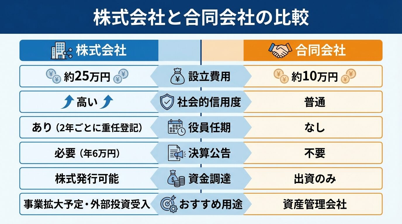 タイトル: 株式会社と合同会社の比較。2列の比較表形式。左列ヘッダー: 株式会社、右列ヘッダー: 合同会社。行1項目: 設立費用 | 約25万円 | 約10万円。行2項目: 社会的信用度 | 高い | 普通。行3項目: 役員任期 | あり(2年ごとに重任登記) | なし。行4項目: 決算公告 | 必要(年6万円) | 不要。行5項目: 資金調達 | 株式発行可能 | 出資のみ。行6項目: おすすめ用途 | 事業拡大予定・外部投資受入 | 資産管理会社