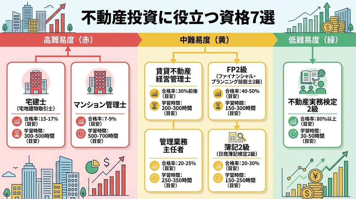 タイトル: 不動産投資に役立つ資格7選。7つの資格を難易度別に配置: 高難易度（赤）: 宅建士・マンション管理士。中難易度（黄）: 賃貸不動産経営管理士・FP2級・管理業務主任者・簿記2級。低難易度（緑）: 不動産実務検定2級。各資格カードに合格率と学習時間目安を表示