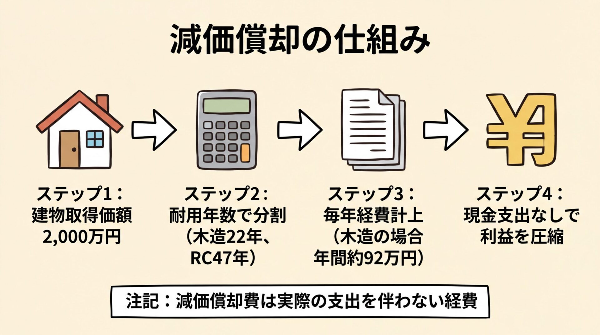 タイトル: 減価償却の仕組み。フロー図形式。左から右へ矢印で繋ぐ。ステップ1（建物アイコン）: 建物取得価額2,000万円。ステップ2（計算機アイコン）: 耐用年数で分割（木造22年、RC47年）。ステップ3（書類アイコン）: 毎年経費計上（木造の場合年間約92万円）。ステップ4（円マークアイコン）: 現金支出なしで利益を圧縮。下部に注記: 減価償却費は実際の支出を伴わない経費