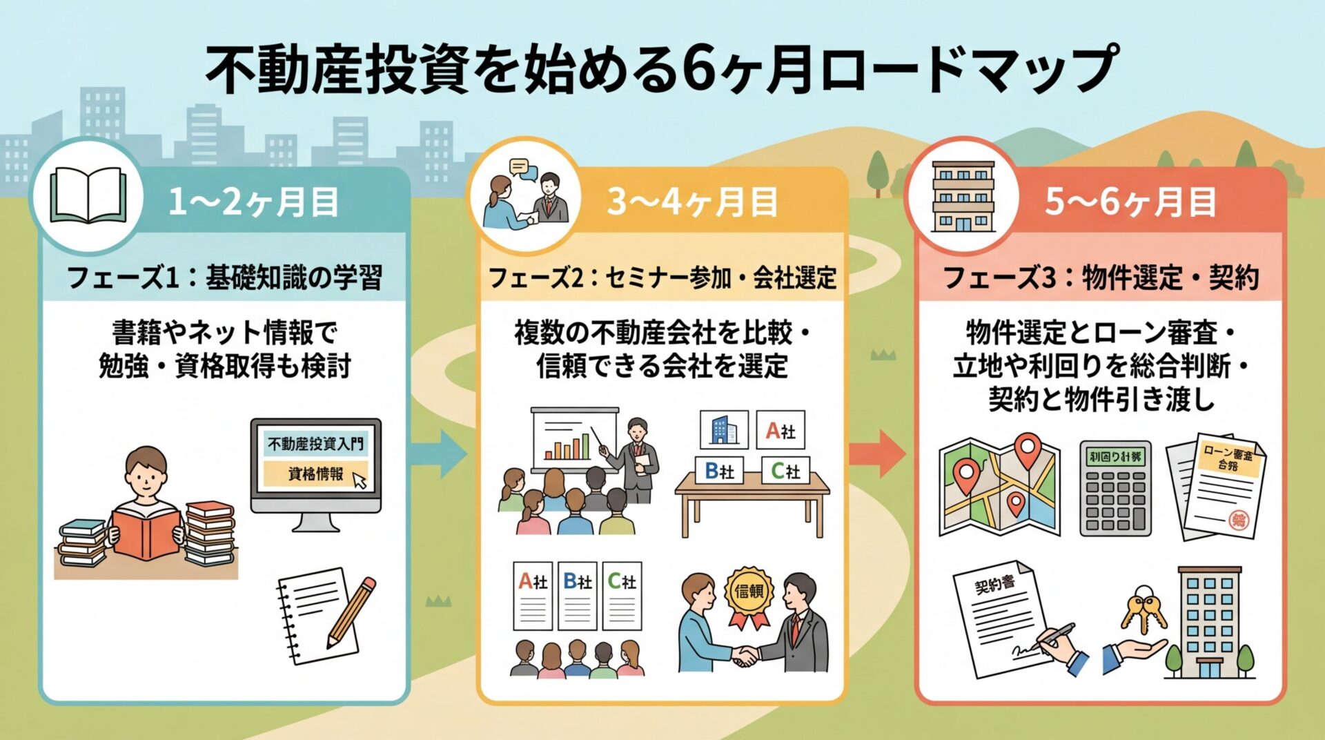 タイトル: 不動産投資を始める6ヶ月ロードマップ。3つのフェーズを横並びで表示。フェーズ1(本のアイコン)ヘッダー: 1〜2ヶ月目、内容: 基礎知識の学習・書籍やネット情報で勉強・資格取得も検討。フェーズ2(人のアイコン)ヘッダー: 3〜4ヶ月目、内容: セミナー参加・複数の不動産会社を比較・信頼できる会社を選定。フェーズ3(建物のアイコン)ヘッダー: 5〜6ヶ月目、内容: 物件選定とローン審査・立地や利回りを総合判断・契約と物件引き渡し