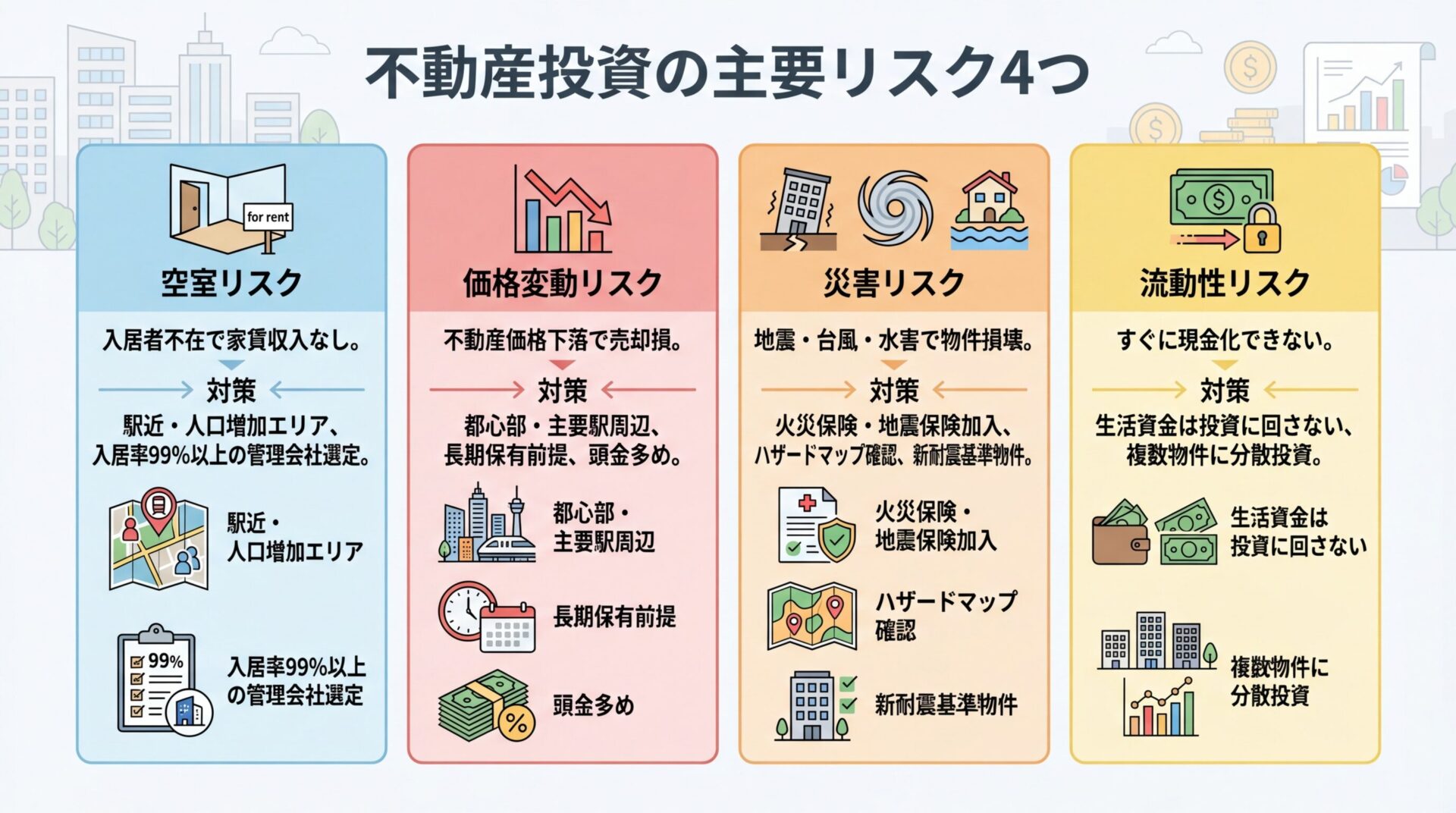 タイトル: 不動産投資の主要リスク4つ。横並び4カードで: カード1（空室アイコン）ヘッダー: 空室リスク、内容: 入居者不在で家賃収入なし、対策: 駅近・人口増加エリア、入居率99%以上の管理会社選定。カード2（下矢印グラフ）ヘッダー: 価格変動リスク、内容: 不動産価格下落で売却損、対策: 都心部・主要駅周辺、長期保有前提、頭金多め。カード3（災害アイコン）ヘッダー: 災害リスク、内容: 地震・台風・水害で物件損壊、対策: 火災保険・地震保険加入、ハザードマップ確認、新耐震基準物件。カード4（流動性アイコン）ヘッダー: 流動性リスク、内容: すぐに現金化できない、対策: 生活資金は投資に回さない、複数物件に分散投資